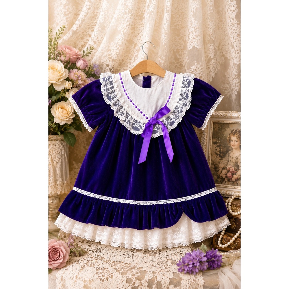 Vintage Purple Velvet Toddler Dress Lace Satin Bow Made In Canada Size 3